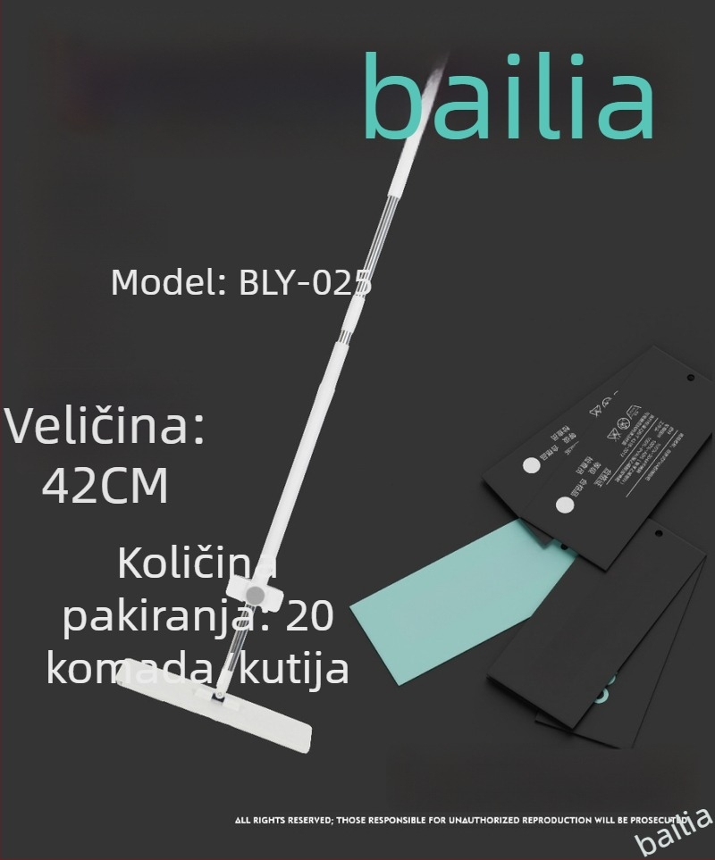 Plosnati mop s mikrovlaknom glavom, teleskopska ručka 140–160 cm, glava 42×11 cm, apsorpcija 90–100%, čestice protiv grinja, čišćenje bez ručnog pranja