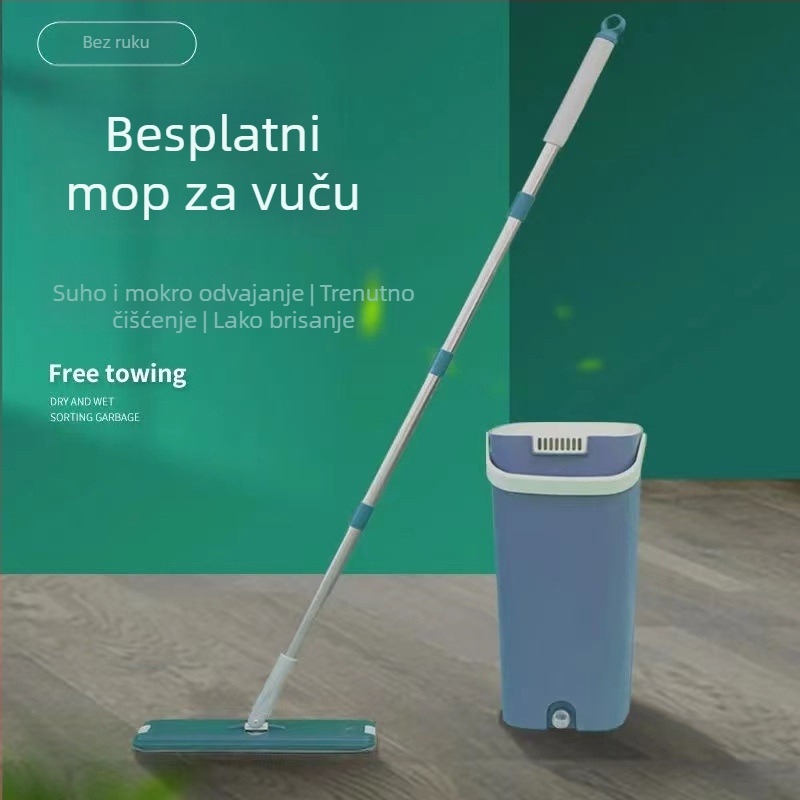 Prilagođeni set ravnog mopa s kantom — ručno pranje nije potrebno, za kućnu upotrebu, duga debela šipka, upijajuća krpa