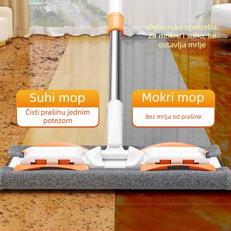 Ploški mop s mikrovlaknatom krpom za suho i mokro čišćenje; teleskopska ručka 86–126 cm; glava 38×14 cm; nehrđajući čelik rod; pogodno za drvene podove