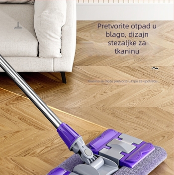 Ploški mop s nastavkom od tkanine za kućnu upotrebu, bez korištenja ruku, zamjenjiva glava, dvostruka uporaba za suho i mokro čišćenje, mikrovlakna za podove