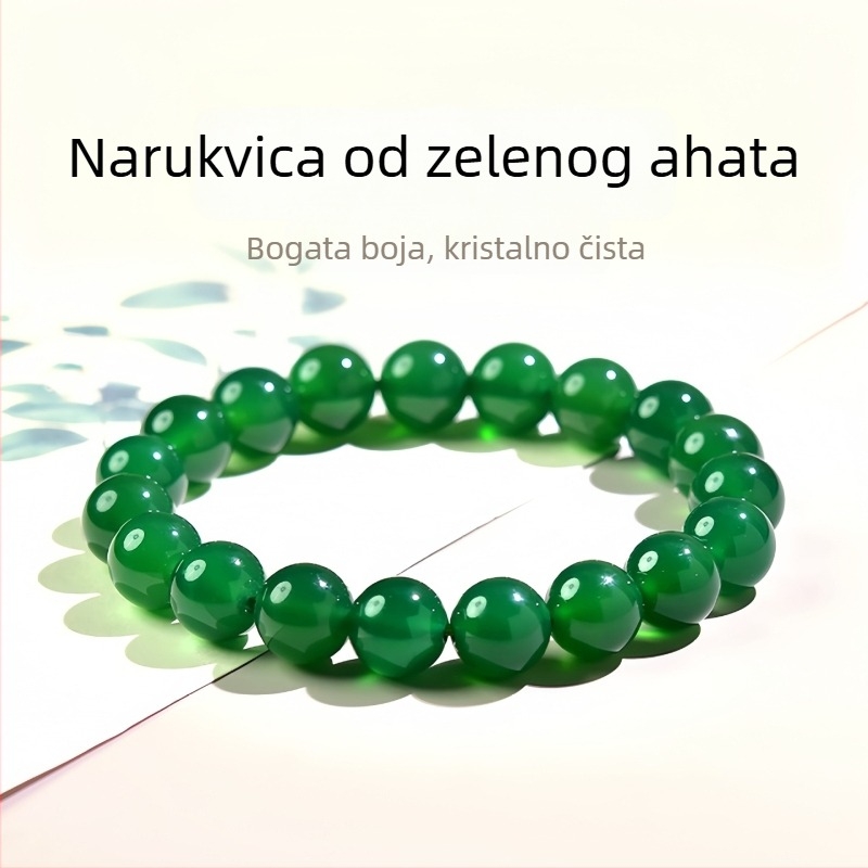 Narukvica od prirodnog achata u ledenozelene boje s budističkim perlama u smaragdno zelenoj boji i chalcedonskim perlama, jednostruka narukvica, Godina Konja