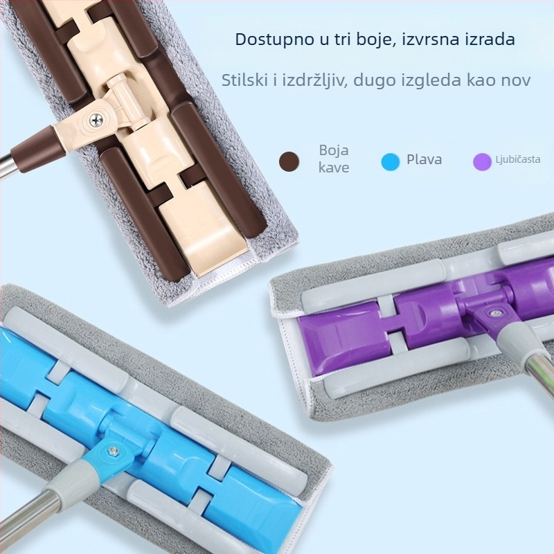 Izdržljiv plosnati mop s klipom za krpu, mikrofibra glava, nehrđajući čelik štap, push-type mehanizam stiskanja, lagan, rastavljiv i periv za kućno čišćenje.