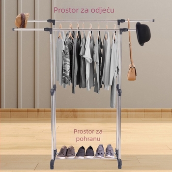 Stalak za sušenje od nehrđajućeg čelika s dvostrukom šipkom, podesiva visina, podni stojeći, teleskopski, mobilni skladišni stalak