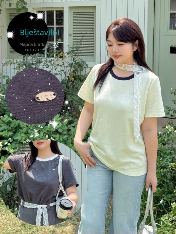 K3022 Ženski T‑shirt plus veličine s kratkim rukavima i šljokicama, okrugli izrez, ljeto