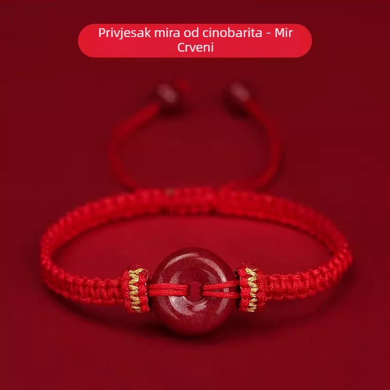 Narukvica s sigurnosnim kopčom od Hetianskog jadeita, talisman godine zmaja, crvena užad i cinnabar perle, ručno tkanje