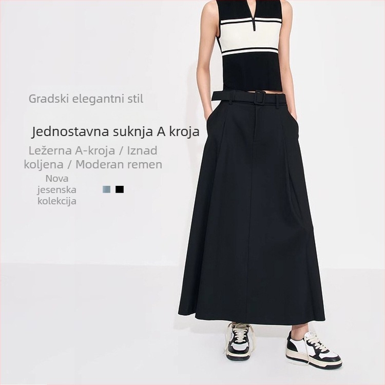 Minimalistička i elegantna proljetna midi suknja s visokim strukom, duga, plisirana, slobodnog kroja, A-linija, stil kišobrana