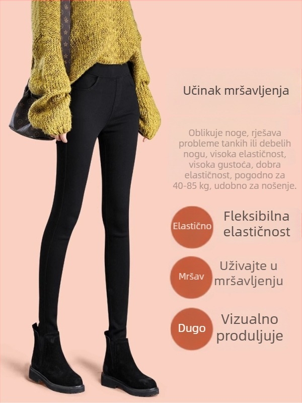 Crne ženske legice s denima učinkom, fleece podstava, visokim strukom, uskim krojem, noga u stilu olovke