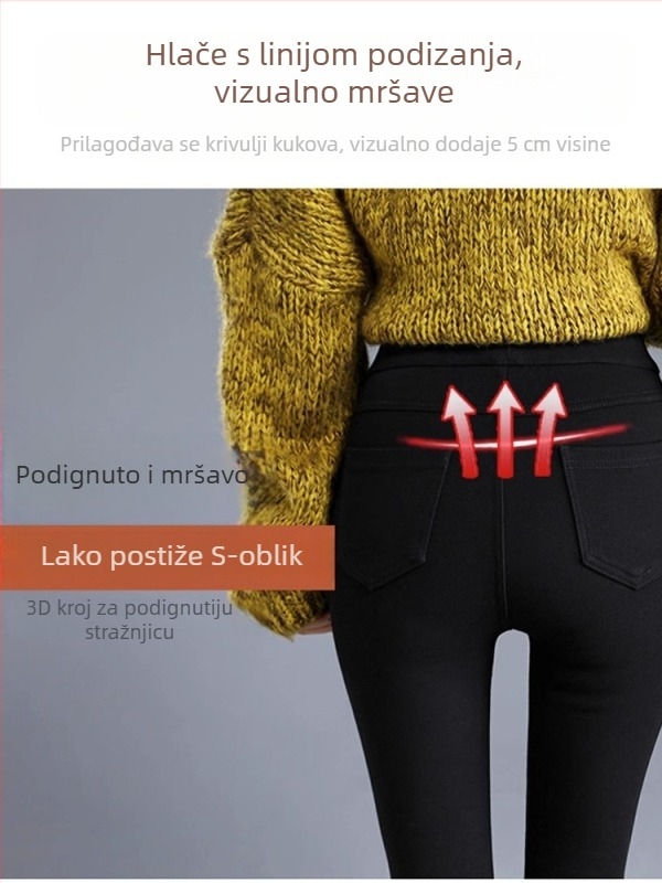 Crne ženske legice s denima učinkom, fleece podstava, visokim strukom, uskim krojem, noga u stilu olovke