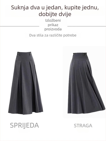 Siva plisirana midi suknja za žene, visoki pojas, A-linija, srednja duljina