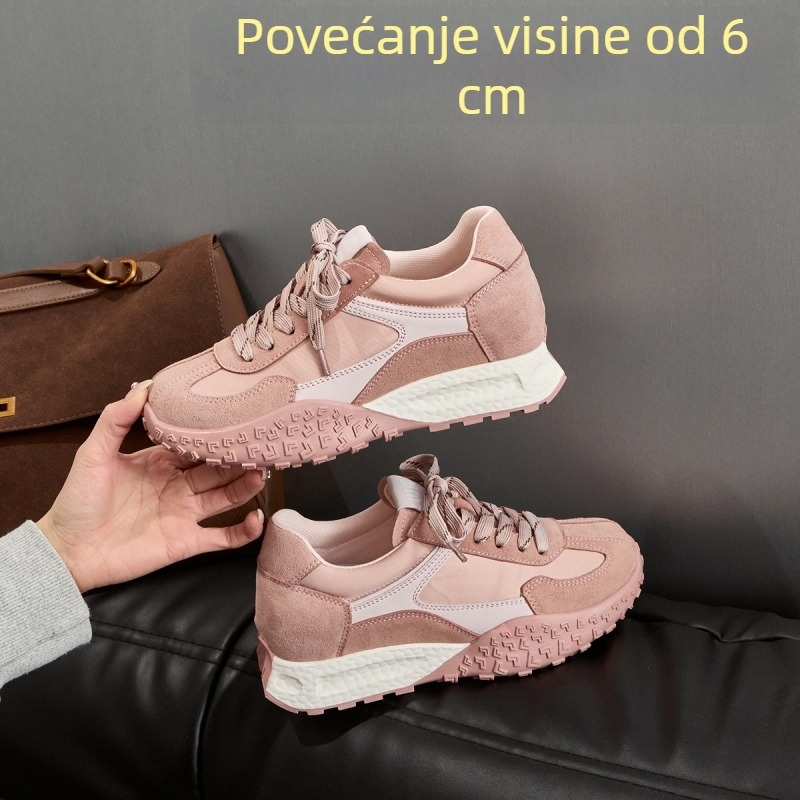 Ružičaste tenisice od prave kože s debelim potplatom i unutarnjim povećanjem visine za žene, 2025 proljeće–jesen, casual sportski stil, inspirirano Forrestom Gumpom, u stilu njemačkih vojnih trenera