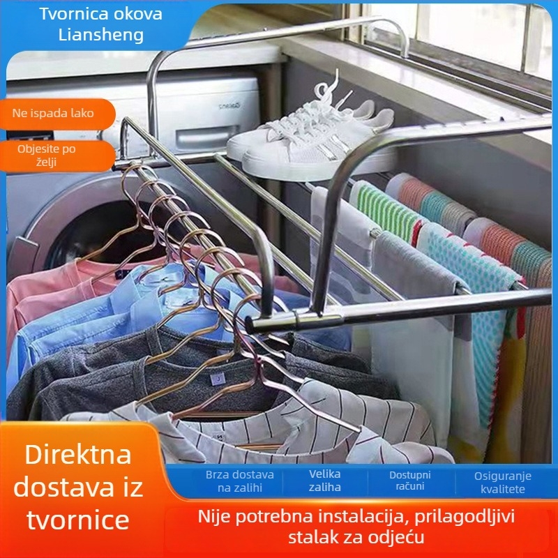Nehrđajući čelik teleskopska vješalica za sušenje rublja – unutarnja/vanjska upotreba, bez ugradnje, prilagodljiva, s držačem za cipele