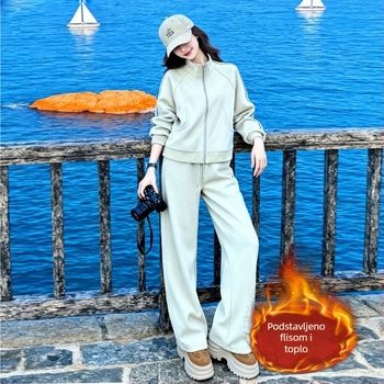 Ženski zimsko-jesenski casual sportski set s flisom, dvodijelni set: kardigan i hlače, elegantan izgled
