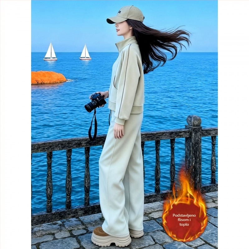 Ženski zimsko-jesenski casual sportski set s flisom, dvodijelni set: kardigan i hlače, elegantan izgled