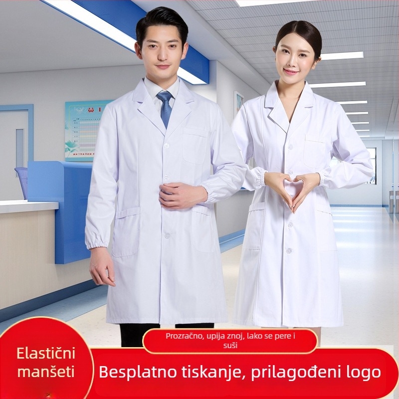 Nightingale unisex bijeli medicinski kaput s elastičnim manžetama, pamuk-poliester smjesa, odvlaživanje vlage, za studente i profesionalce