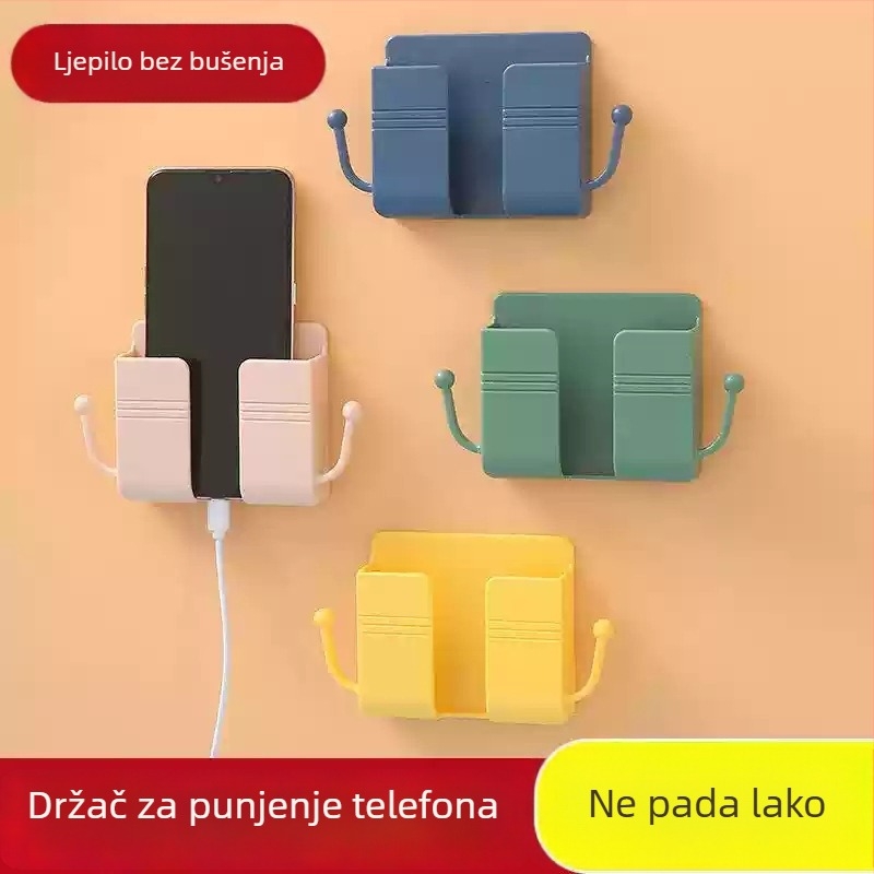 Zidni lepljivi držač za telefon s mogućnošću punjenja i držačem za daljinski – moderan minimalistički dizajn