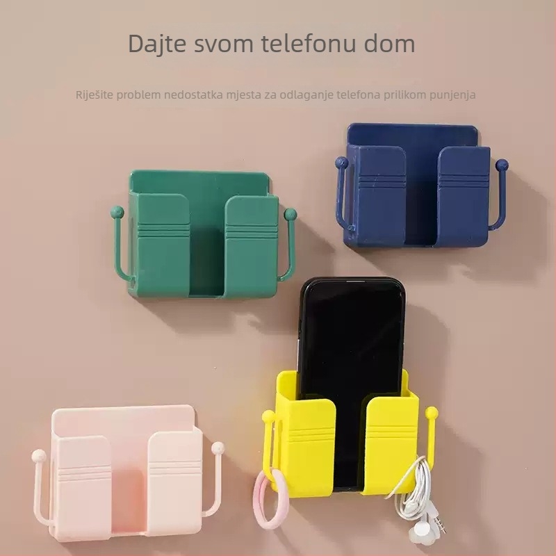 Zidni lepljivi držač za telefon s mogućnošću punjenja i držačem za daljinski – moderan minimalistički dizajn