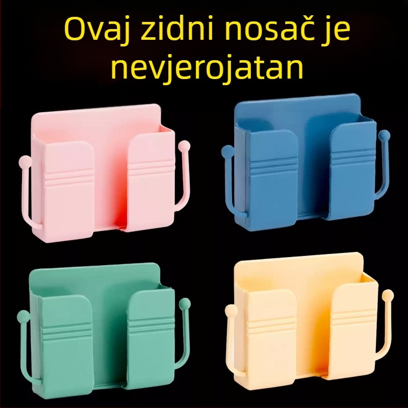 Zidni lepljivi držač za telefon s mogućnošću punjenja i držačem za daljinski – moderan minimalistički dizajn