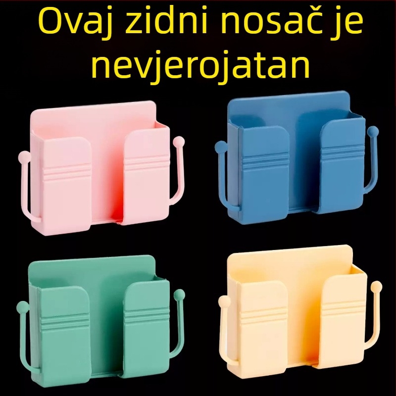 Zidni lepljivi držač za telefon s mogućnošću punjenja i držačem za daljinski – moderan minimalistički dizajn