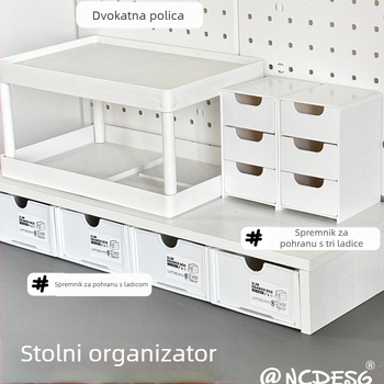 Povišeni stolni organizator s ladicom za uredski pribor i kozmetiku, veliki kapacitet, plastični