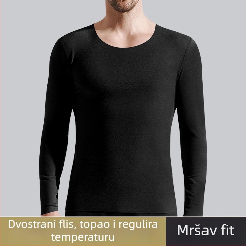 Muška majica za bazni sloj s fleece podstavom, dugi rukav, uski kroj, jednobojna, jesen-zima toplina