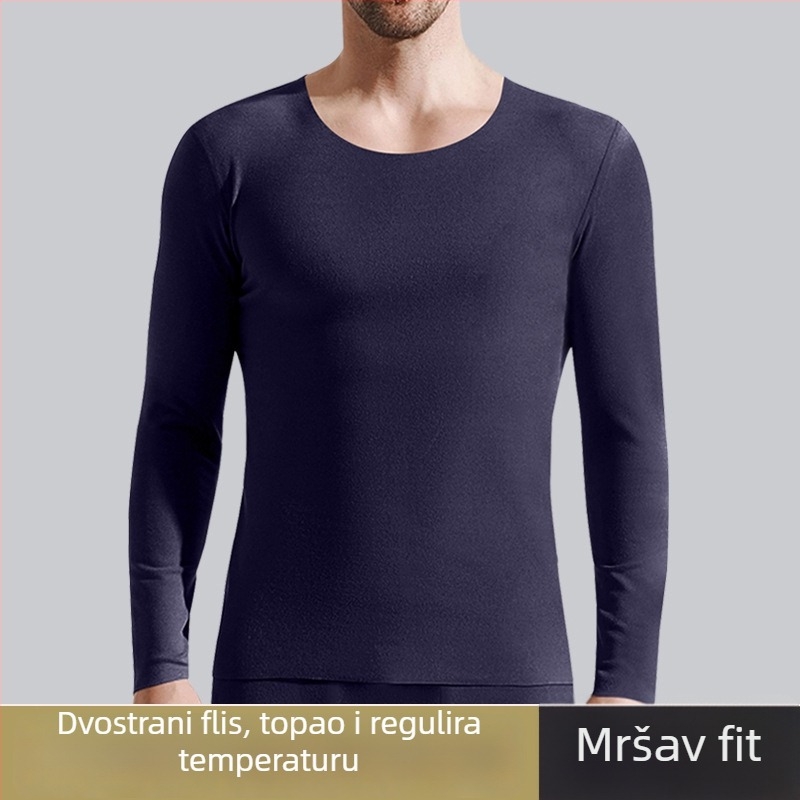 Muška majica za bazni sloj s fleece podstavom, dugi rukav, uski kroj, jednobojna, jesen-zima toplina