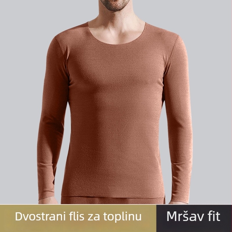 Muška majica za bazni sloj s fleece podstavom, dugi rukav, uski kroj, jednobojna, jesen-zima toplina