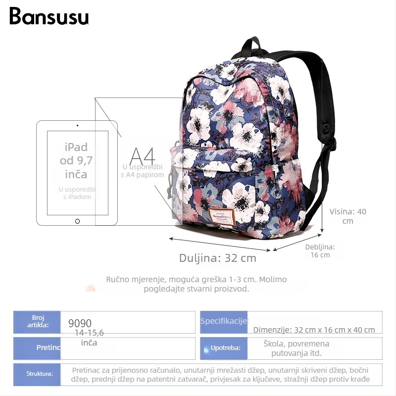 Bansusu ruksak s velikim kapacitetom i otisnutim dizajnom - unisex, casual za učenike i putovanja, kompatibilan s 15-inčnim prijenosnikom