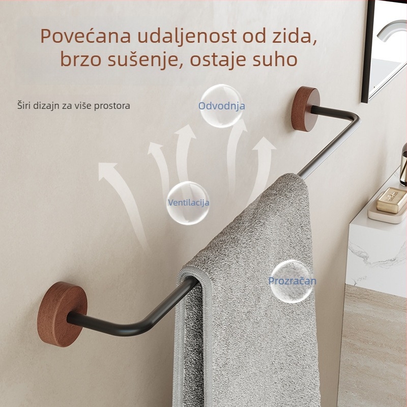 Držač ručnika s ljepilom bez bušenja, minimalistički držač ručnika s čvrstim drvenim dnom, čvrsti aluminijski stalak za papuče, kupaonsko skladištenje