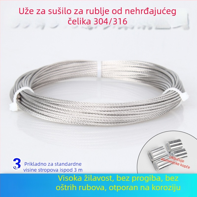 Prilagodljivi balkonski sušilac za odjeću s užetom od nehrđajućeg čelika 304/316, ručno upravljanje, dijelovi za zamjenu kabla i štapića