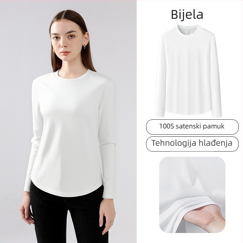 Ženski majica s dugim rukavom, jednoslojna boja, 100s visoke gustoće Pima pamuka, osvježavajući mercerizirani dodir, okrugli izrez, uski kroj, za proljeće i ljeto
