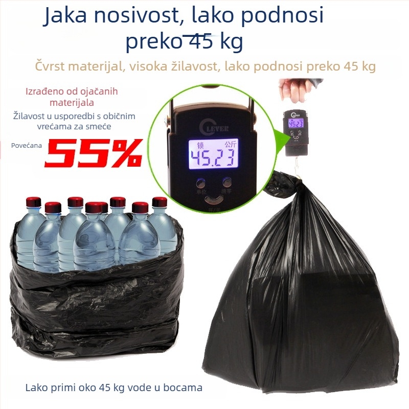 Velike debeli crni vreći za smeće s ravnim otvorom, namijenjeni za komercijalnu upotrebu u restoranima, sanitaciji, hotelima i upravljanju nekretninama