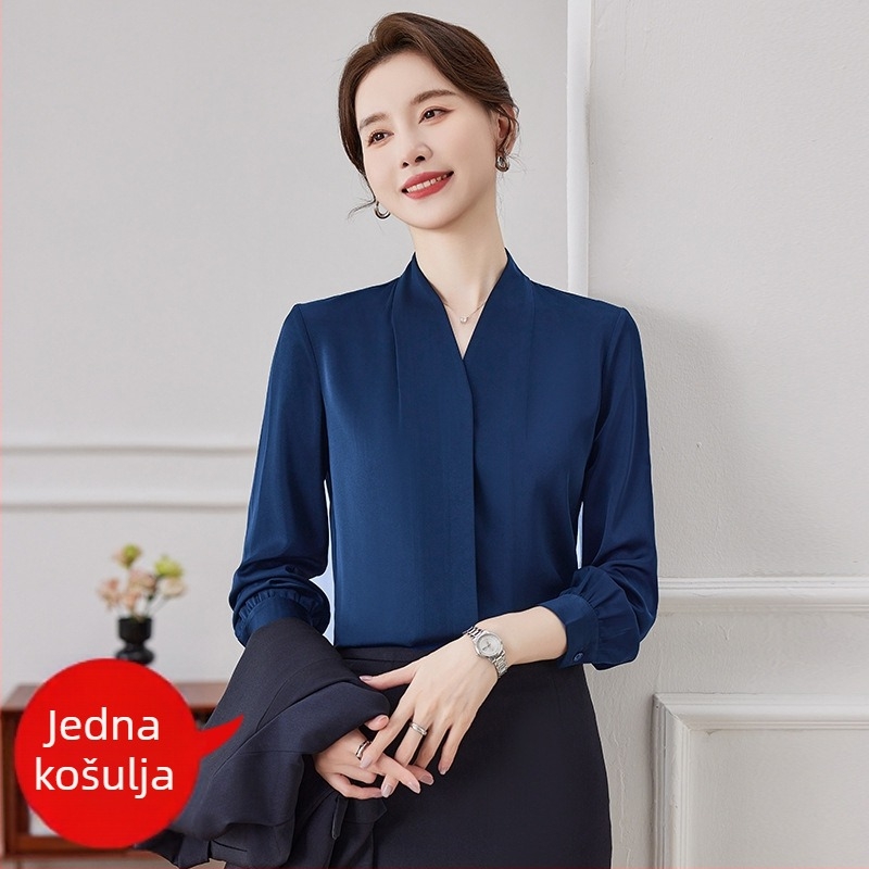 Ženska bijela bluza s V-dekolteom, šifonska bluza za ured i intervjue, proljeće–jesen stil