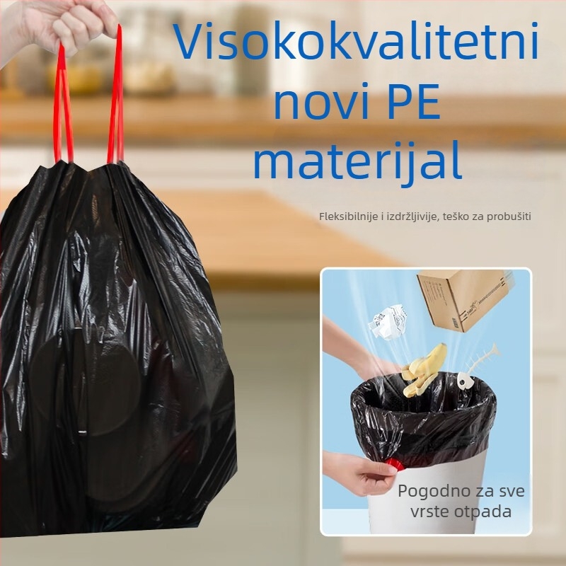 HDPE vrećica za smeće bez mirisa, debljine 3 milimetra, crna, s vrpcom za zatvaranje, kućna upotreba, jednokratna