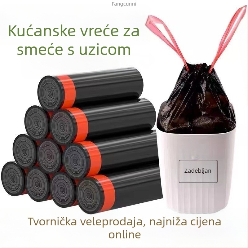 Debeli vrećice za smeće s vrpcom, za kućnu i poslovnu uporabu, jednostavne za nošenje, ne prljaju ruke, pogodne za kupaonicu i kuhinju, velike crne vreće za smeće