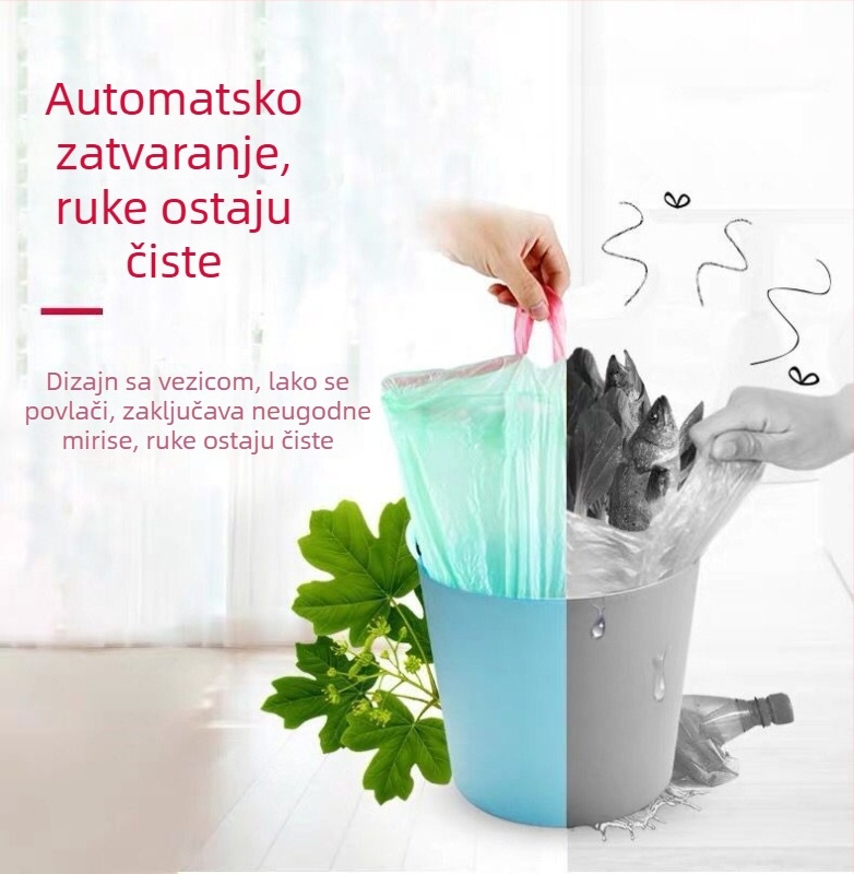Kućna vrećica za otpad s vrpcom, debela, automatsko zatvaranje, pakiranje jednim gumbom, velika i prijenosna za kuhinju