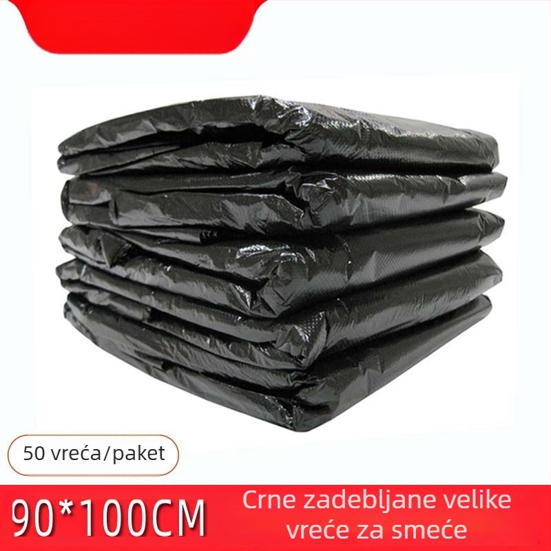 Debele PE vrećice za smeće, velike, 90×100 cm, 50 komada, s plosnatim otvorom, jednokratno, za komercijalnu upotrebu