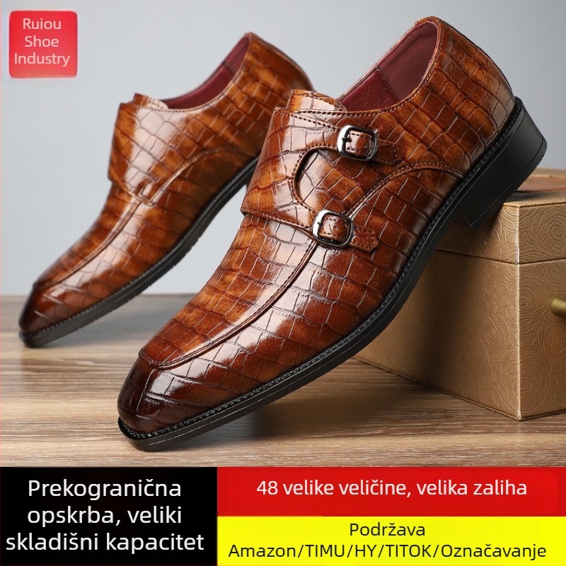Muške poslovne cipele od PU kože s krokodilnim uzorkom, kopča, okrugli vrh, veličina 47-48