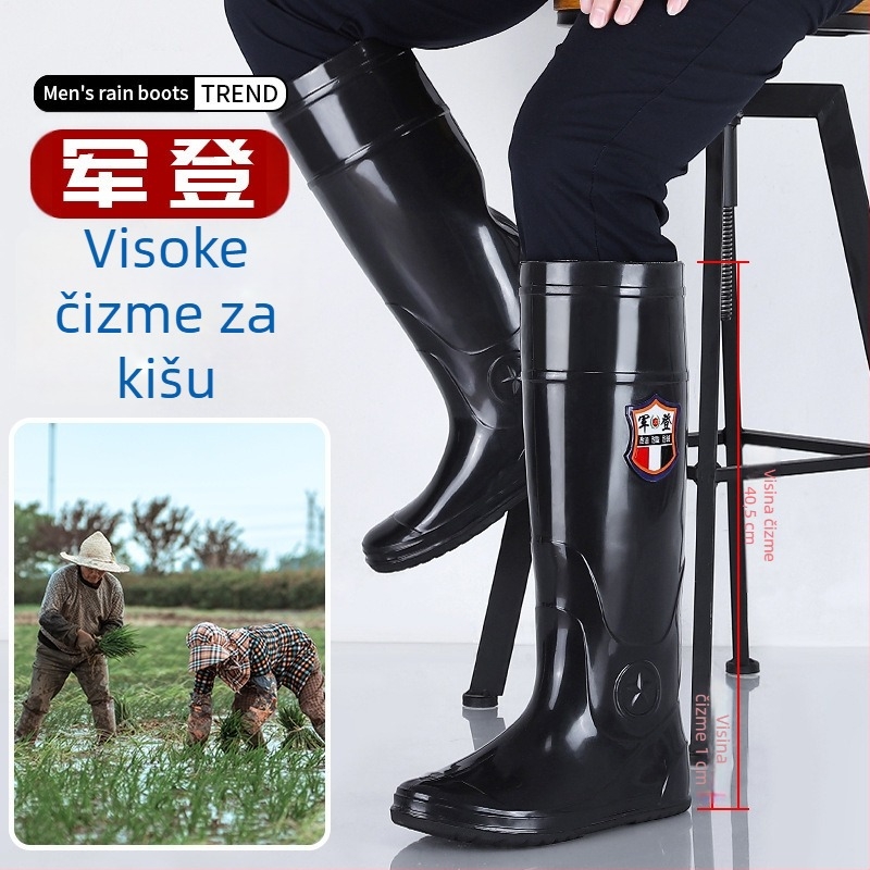 Crne PVC visoke čizme za kišu za rižna polja, otporne na habanje, vodootporne i protuklizne, unisex