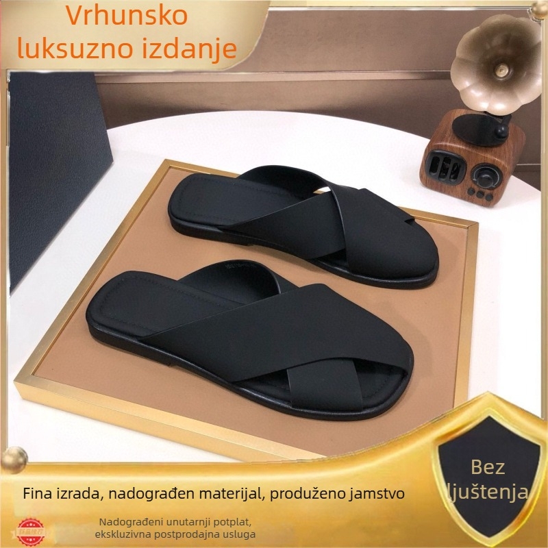 Muške ljetne papuče, jednostavne i elegantne, potpuno crne pletene sandale za kućnu i vanjsku upotrebu, lagane, ravne potplate