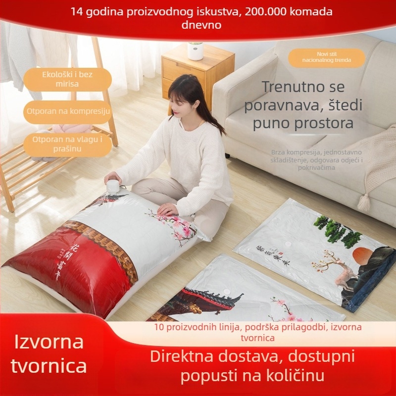 Vreća za vakuumsko skladištenje za kućnu organizaciju, otporna na prašinu i insekte, otporna na vlagu, s pumpom, dizajn s nacionalnim motivom