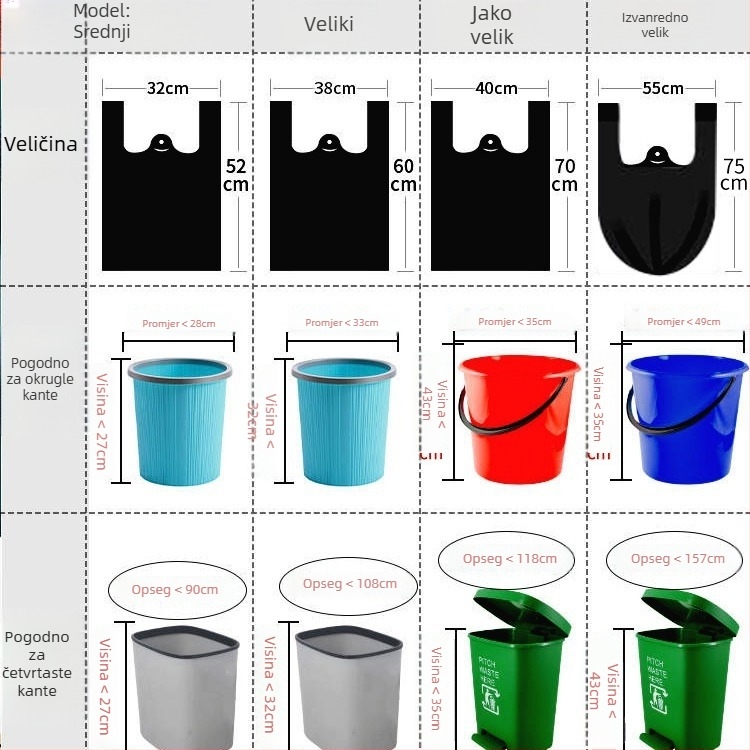 Debeli jednokratna vrećica za otpad za kućnu upotrebu u stilu prsluka, velika crna plastična vrećica za kuhinju