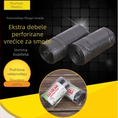Jednokratne crne debeli vrećice za smeće s plosnatim otvorom, za kućnu upotrebu, kuhinja i kupaonica, perforirane plastične vrećice, ekonomsko pakiranje.