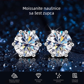 Naušnice od S925 srebra s Moissanitom za žene, klasičan šestokraki postavak, premaz bijelim zlatom, moderan komad nakita
