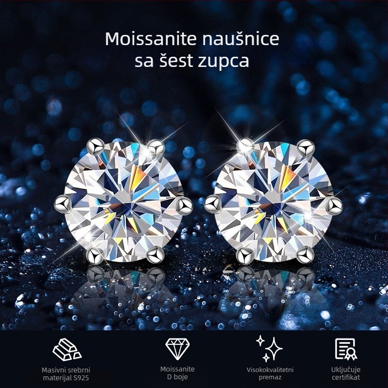 Naušnice od S925 srebra s Moissanitom za žene, klasičan šestokraki postavak, premaz bijelim zlatom, moderan komad nakita