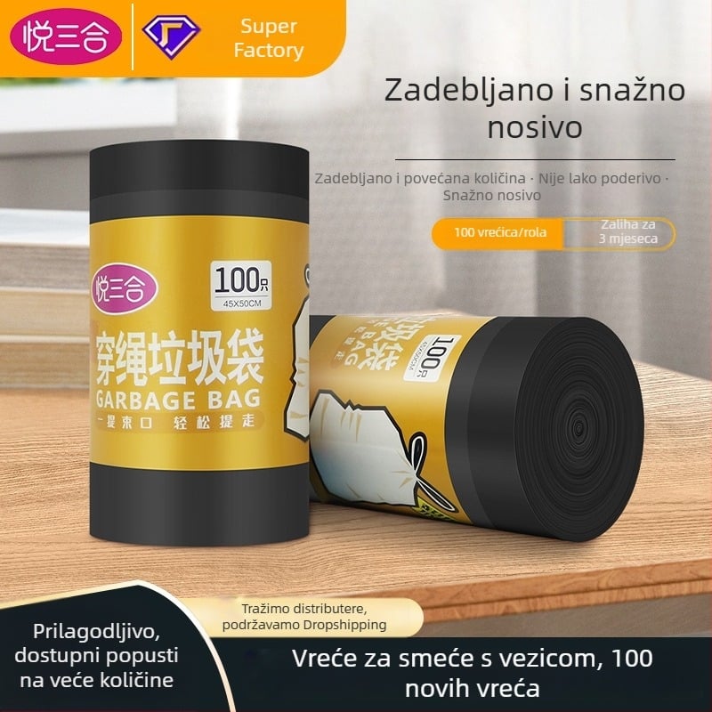 Vreće za smeće sa šnurnim zatvaranjem, prenosne, debele, velike veličine, jednokratne plastične vrećice za kućanstvo i kuhinju, ekonomsko pakiranje
