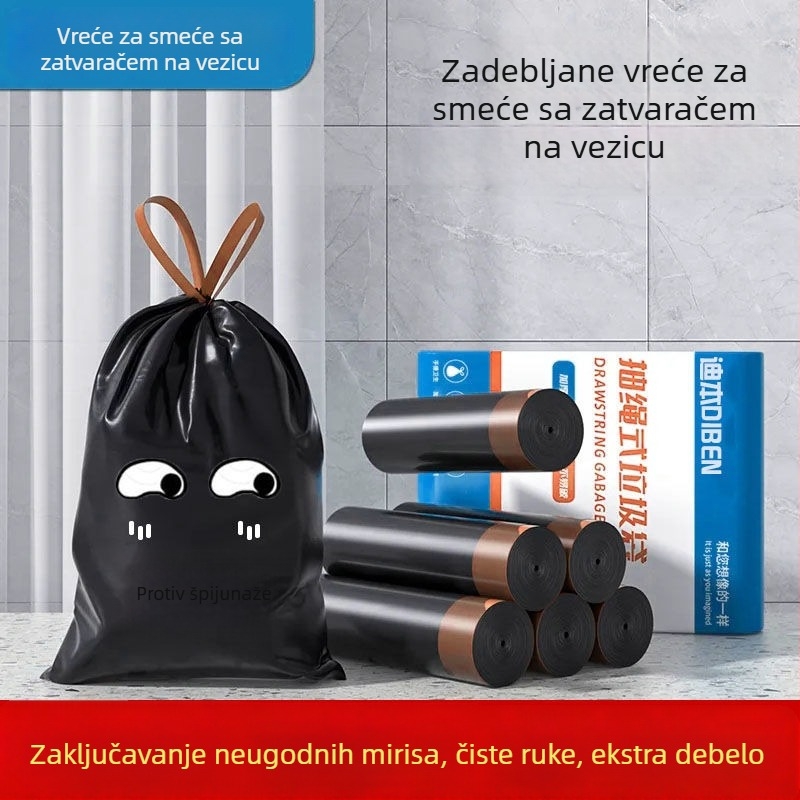 Vrećice za otpad sa šnrom za kućnu upotrebu, debeli srednje i velike veličine, crne plastične vrećice za kuhinju, ekstra debele i izdržljive