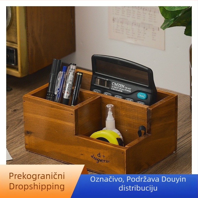 Vintage drvena kutija japanskog stila za stolni uredski pribor: držač za olovke, prostor za daljinski upravljač i spremnik za pamučne štapiće