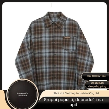Muška karirana košulja s dugim rukavima, labav kroj, retro casual stil