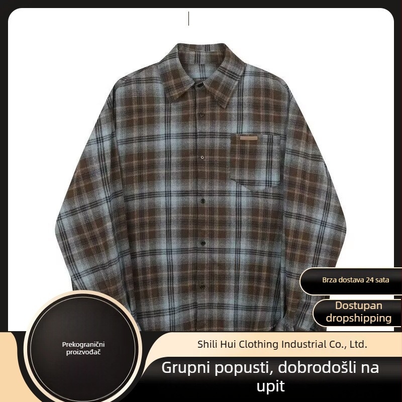 Muška karirana košulja s dugim rukavima, labav kroj, retro casual stil
