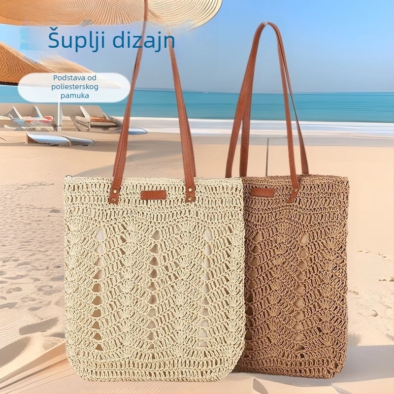 Nova prorezana pletena torba s jednim remenom, špaga od papira, ležerna plažna torba